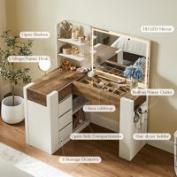 Bureau de toilette minimaliste en forme de L blanc avec miroir LED éclairé, station de charge intégrée, rangement, construction en MDF de 48 pouces, éclairage à intensité variable