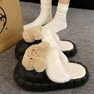 Chaussons d'hiver en peluche d'ours en coton pour femmes, semelle intermédiaire en caoutchouc, couleurs mélangées tendance, sangle, utilisation intérieure/extérieure, chauds - Product Image 2