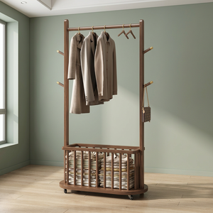 Porte-manteau moderne en bois massif avec crochets et panier de rangement, meuble d'entrée polyvalent sur pied pour salon et chambre - Product Image 2