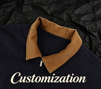 Veste Coach Vintage Homme Personnalisable avec Logo, Col en Sergé et Velours Côtelé Bleu Marine, Fermeture Éclair, Broderie Personnalisée, Manteau Oversize Vierge