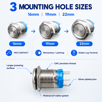 Interrupteur à bouton-poussoir métallique 19 mm, momentané/verrouillable, 6-24 V, LED, IP65, borne à broches pour panneaux industriels