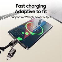 Kabel Data Ponsel Teleskopik 4-in-1 USB-C/Spring TPE Pengisian Cepat 65W 5A untuk iPhone dan Android