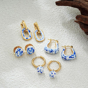 Kunden spezifische chinesische Art Messing blau weiß Porzellan Ohrringe New Emaille Tropf öl Schmuck mit Vergoldung für Frauen für Partys - Product Image 1