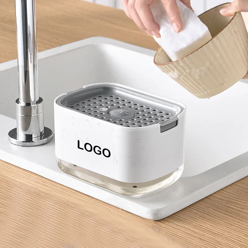 Amazon Hot Custom Logo Press Pump Kitchen Bathroom Clean Sponge Brush Holder Liquid Foam Soap Box Dish Push Hand Soap Dispenser