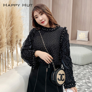 Blusa de Gasa para Mujer Tallas Grandes Happy Hut, Negra con Puntos, Manga Larga con Volantes, Uso Diario N6821 - Product Image 4