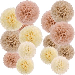 Fleurs en papier de soie pompons bohèmes, décorations neutres marron champagne pour fête prénuptiale, baby shower, mariage, <span class=keywords><strong>anniversaire</strong></span> - Product Image 1
