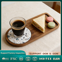 Maison Naturelle Vente en Gros Petit Rectangle en Bois d'Acacia pour Dessert Alimentaire Café Petit Déjeuner Plateau de Service avec Dessous de Verre en Diatomite