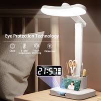 Lampe de bureau LED pliable multifonctionnelle moderne avec horloge, lumière de lecture et d'étude protectrice pour les yeux, 3 couleurs réglables, commande tactile, rechargeable