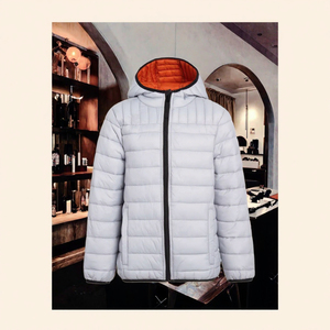 <b>Light</b> Gray Hooded <b>Puffer</b> <b>Jacket</b> With Orange Lining Zipper Closure Windproof Winter Wear Unisex Casual Style - Product Image 3