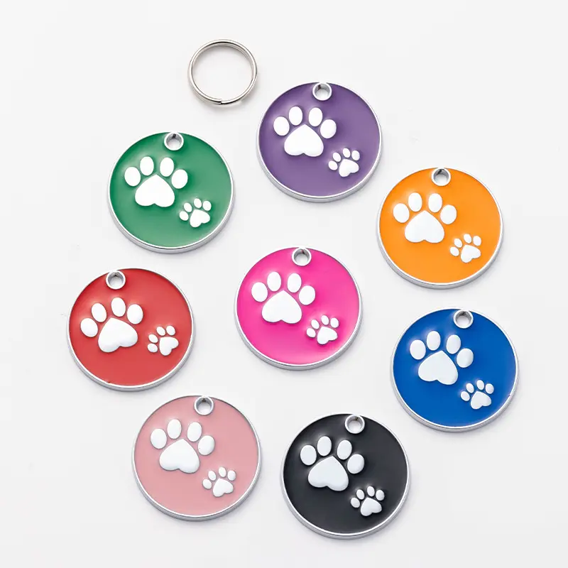 Coração personalizado pingente redondo, tag de cachorro personalizada para gato, animais de estimação id em massa gravura de metal branco tag de cachorro com três padrões