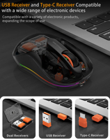 Souris de jeu ergonomique avec rétroéclairage LED, clic silencieux, optique, rechargeable, compatible MacBook/ordinateur portable, design transparent sans fil, en stock