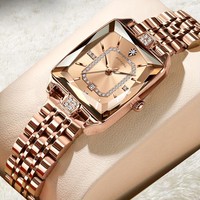 Jam Tangan Wanita Mewah Poedagar, Model Kotak Berlian Kalender Quartz, Set Hadiah Terlaris untuk Wanita, Tali Baja Tahan Karat