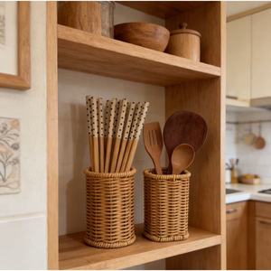 Ensemble de paniers de rangement de cuisine en rotin avec égouttoirs pour baguettes et spatules, pour l'organisation de bureau, design gain de place - Product Image 5