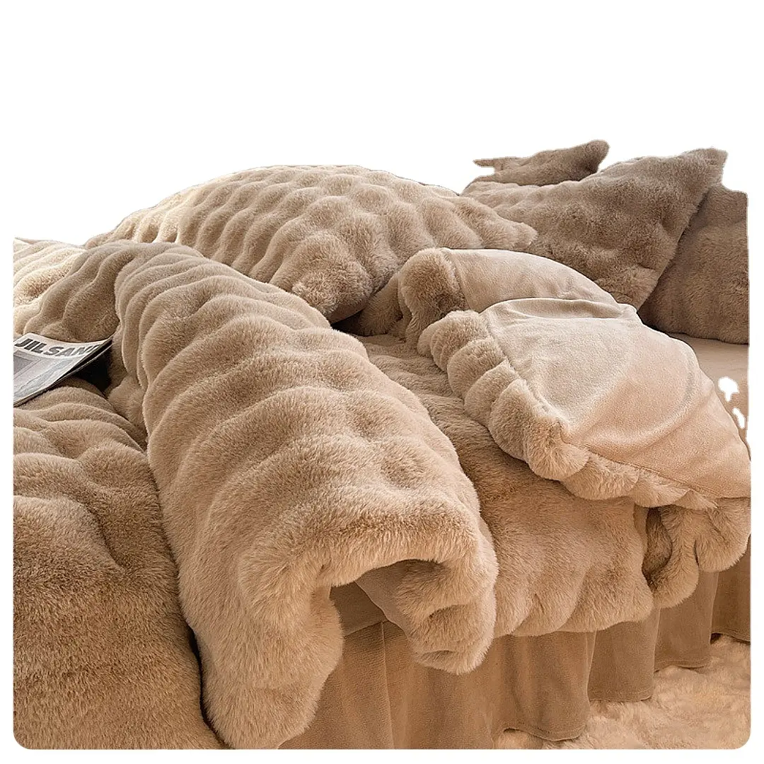 Ensembles de literie de luxe en fausse fourrure de lapin doux cheveux longs en peluche ShaggyColor-B 4 pièces housse de couette drap de lit taies d'oreiller ensemble de literie