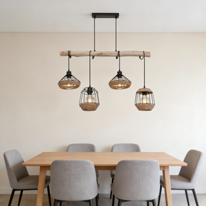 Lustre linéaire E27 style ferme avec cage en corde et <span class=keywords><strong>bois</strong></span> <span class=keywords><strong>flotté</strong></span> naturel pour îlot de cuisine et salle à manger - Product Image 2