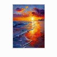 Peinture à l'huile de coucher de soleil sur plage, peinte à la main, technique impasto au couteau, paysage marin, art mural sur toile, décoration moderne pour la maison
