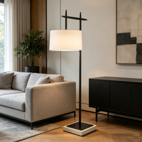 Lampe sur pied en fer forgé de style moderne, structure supérieure abstraite noire, abat-jour en tissu blanc, base en marbre, lampe sur pied pour salon
