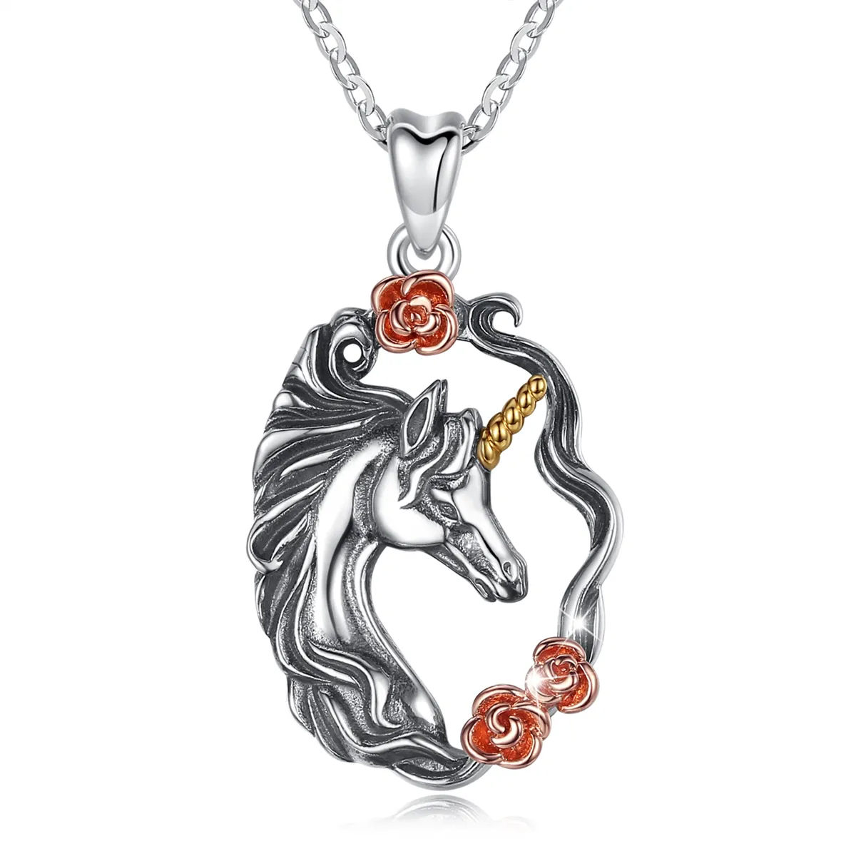 Oxidierte 925 Sterling Silber Frauen Einhorn Pegasus Pferd Anhänger Halskette