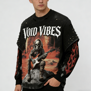 T-shirt Homme Personnalisé à Ourlet Brut Effet Vieilli Vintage Noir Imprimé Guitare Coupe Oversize Boxy Manches Double Couche Effet Flamme Style Décontracté Streetwear - Product Image 2