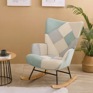 Rocking Lounge Chair, Mid Century Fabric Rocker Chair with Wood Legs and Patchwork Linen for Livingroom Bedroom single chair