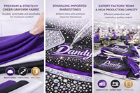 Uniforme de cheerleading personnalisé noir avec strass, haut à manches longues avec inserts en mesh et jupe avec logo de l'équipe royale pour la compétition