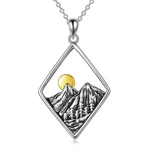 Nature Jewelry 925 Sterling Silver Hikers Rhombic Sunrise Sun Mountain Necklace for Women Men