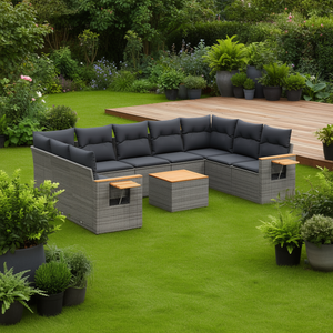 Conjunto de Sofá de Jardín de Ratán Gris para 6 Personas, Muebles de Exterior Resistentes a la Intemperie, Diseño Contemporáneo, Estructura de Madera de Teca - Product Image 2