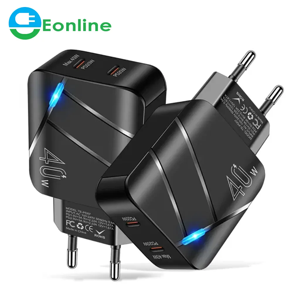 Eonline 3d 40W Pd Snellader 2 Poorten Muur Opladen Snel Opladen Mobiele Telefoon Adapter Voor Iphone 15 Max Xiaomi 12 Huawei Samsung