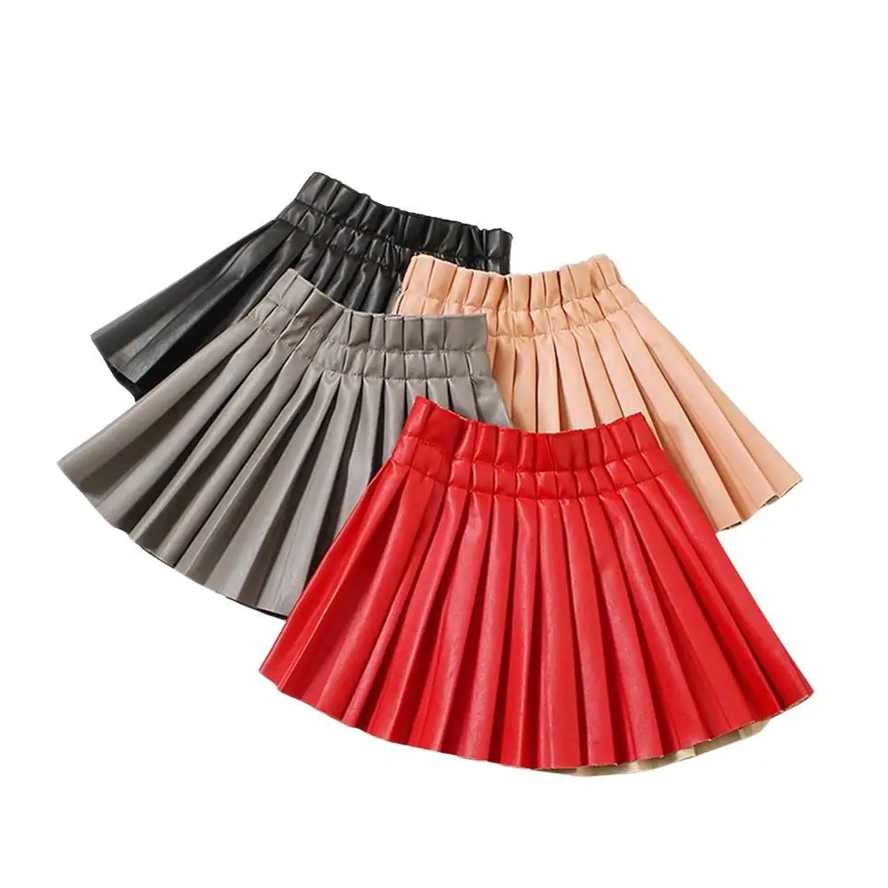 New 2022 kids plain skirt fashion girls PU skirt leather pleated skirt