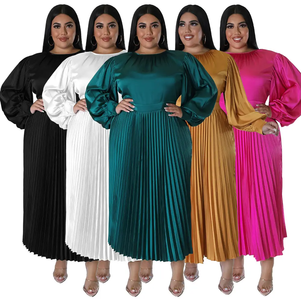 fall plus size winter clothing 4xl 5xl 6xl 7xl Hot selling press pleated round neck long bubble long sleeve dress