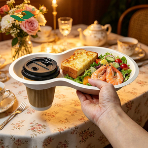 <span class=keywords><strong>Plateau</strong></span> robuste compostable à 2 compartiments pour aliments, café et boissons, en bagasse de canne à sucre, avec porte-gobelet, idéal pour le brunch - Product Image 1
