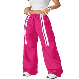 Pink Satin Wide Leg Pants High <b>Waist</b> <b>Elastic</b> <b>Waist</b> Sporty Style Full Length Loose Fit Solid Color Side Stripe Women's <b>Trousers</b> - Product Image 1