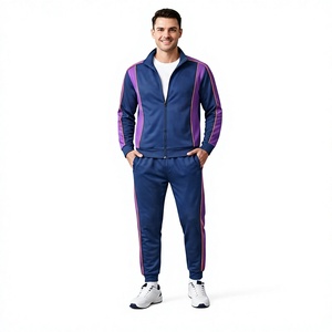 <b>Men</b> Tracksuit Set Zip Up Navy Blue Purple Color Blocking Sporty Full Length Pants Side Pockets Breathable Casual Wear Autumn - Product Image 4