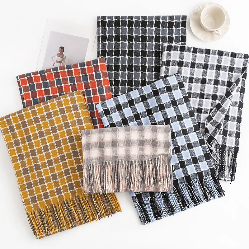 Otoño Invierno Plaid otoño nuevo cálido con borlas chal pashmina invierno bufandas a cuadros para mujeres con estilo