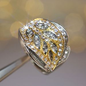 Elegante anello a forma di foglia bicolore per donna, design con intarsi scintillanti, gioielli creativi alla moda - Product Image 3