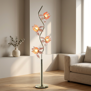 Lampadaire Lotus en fleurs, 4 lumières florales, tige courbée dorée, pétales en acrylique translucide, lumière LED chaude pour une ambiance cosy à la maison - Product Image 1