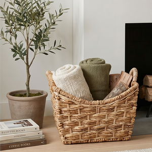 Natural Woven Seagrass Magazine Rack Basket with Handles, Curved <b>U</b>-Shaped Wicker Floor Storage Tote Bin for <b>Living</b> Room - Product Image 5