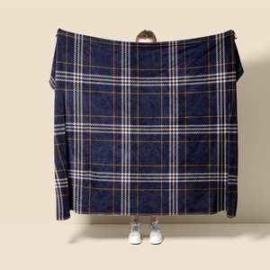 Plaid <b>Throw</b> <b>Blanket</b> Navy <b>Blue</b> White Gold Plush Woven Anti-Pilling Rectangular Classic Style Winter Home Use Machine Wash - Product Image 1