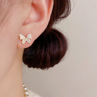 Boucles d'oreilles pendantes en laiton plaqué or avec zircon, motif papillon, style coréen, pour femme, vente en gros
