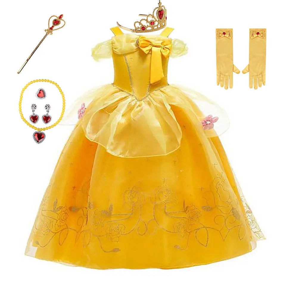 Pakaian Pesta Anak Perempuan, Kostum Cosplay Belle Princess untuk Kecantikan dan Binatang Buas, Mahkota Ajaib 2022