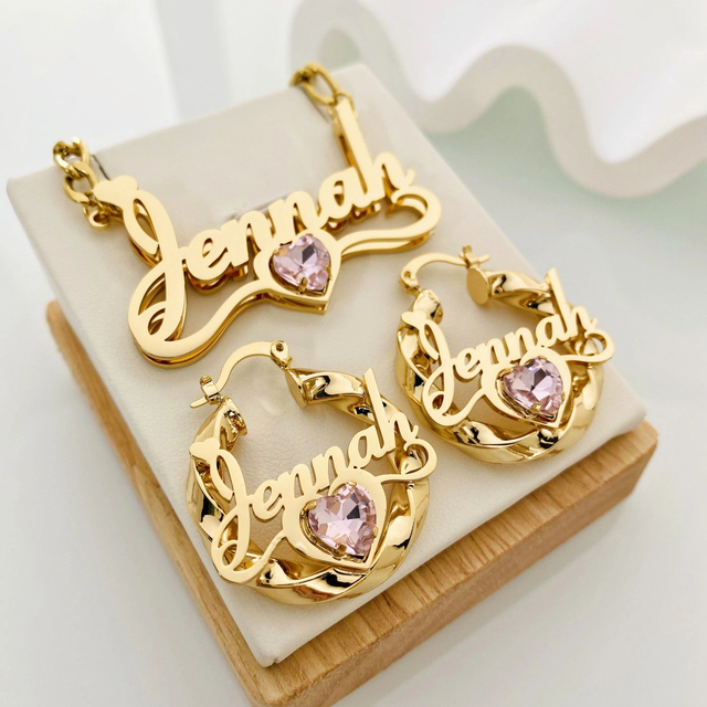 Custom Birthstone Name Hoop Earrings Necklace Set Personalized Nameplate 316L Stainless Steel 18K Gold PVD Waterproof Jewelry