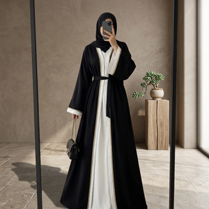 Élégante Abaya AL HIJRAH Noire et Blanche en Satin Infroissable, Col en V, Manches Longues, Longueur Ras du Sol, Robe Modeste pour Femmes Adultes au Quotidien - Product Image 3