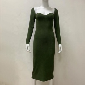 Nouveaux fabricants de robes en tricot côtelé <span class=keywords><strong>Robe</strong></span> midi sexy à manches longues et col bas pour femmes - Product Image 2