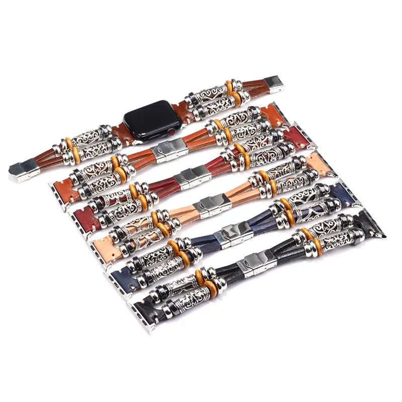 Women Men Silver Charms Beads Watch Bands Genuine Leather Wristband Bracelets