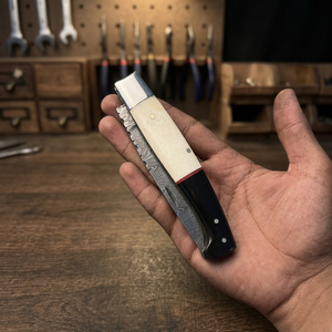 Damascus Folding Utility <b>Knife</b> Industrial Grade 3-Year Warranty <b>Bone</b> and Bull Horn <b>Handle</b> for Retailers - Product Image 3