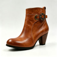 Bottes courtes à bride métallique florale de style antique, conception OEM, pour femmes, imperméables, à bout rond, en cuir, hauteur cheville