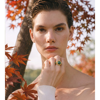 Bague ouverte large en acier inoxydable plaqué or PVD vintage JINYOU 8923 avec pierre naturelle ronde pour femme