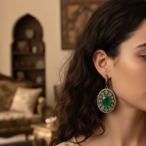 Oval <b>Emerald</b> CZ Authentic Ottoman Dangle <b>Earrings</b> Turkish Handmade Wholesale 925 Sterling Silver Jewelry - Product Image 3