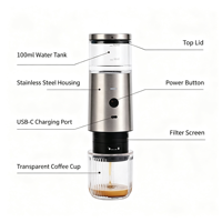 Machine à expresso électrique portable 9 bars, rechargeable par USB/C, pour café moulu et capsules, utilisation en camping-car, voiture, bureau, capacité de 3 tasses