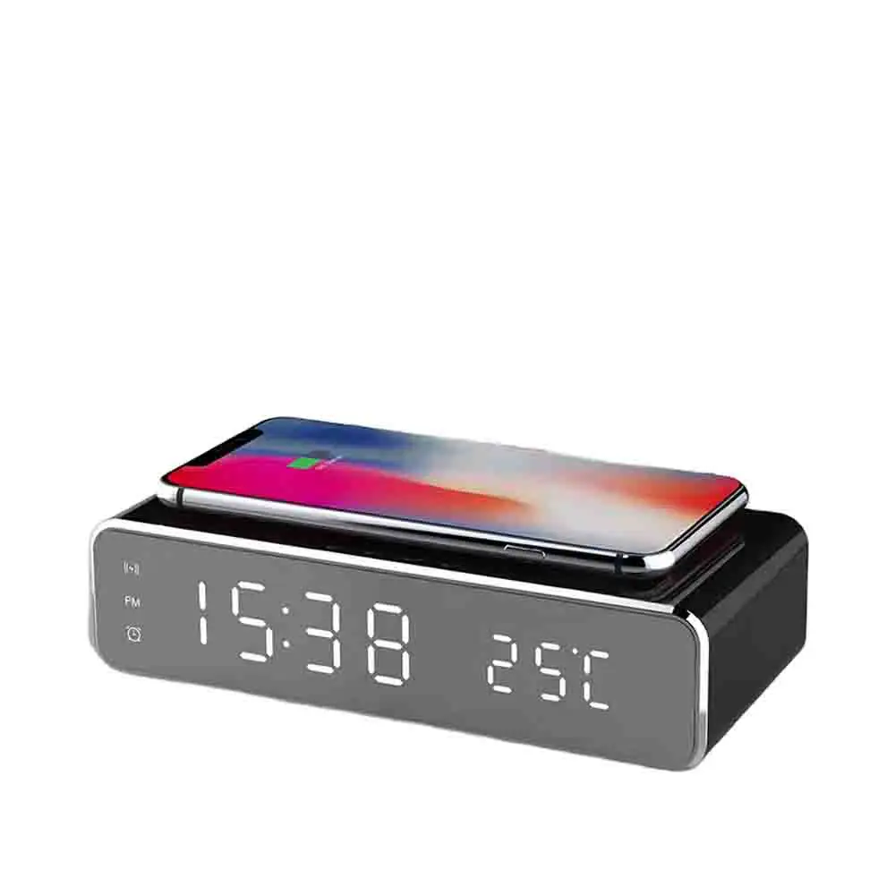 Multi-function Qi Wireless Charger Alarm Clock Digital Thermometer Clock With Electric Led Hd Mirror Clock And Time Memory